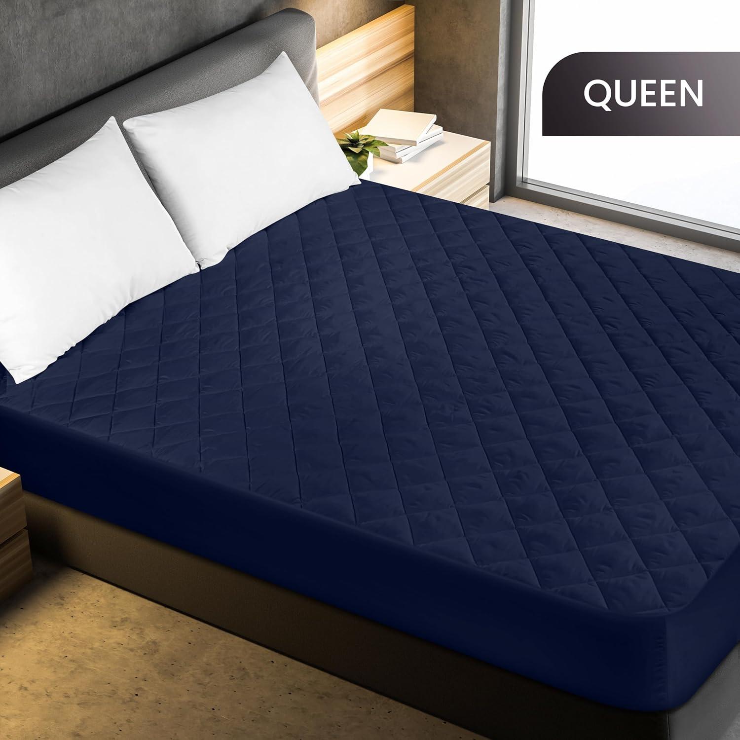 Utopia Bedding Quilted Fitted Mattress Pad, Queen Size, Elastic Fitted Mattress Topper Protector and Cover Stretches up to 16 Inches Deep, Machine Washable (Navy)