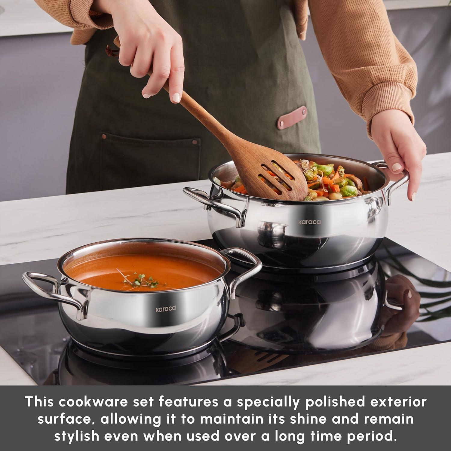 KARACA Stainless Steel Cookware Emirgan XL Set of 10 Piece, Pot, Deep Pot, Casserole, Container with Lid, Easy to Use Stylish Handles, Heat Resistant Cover, Essential Kitchen Accessory