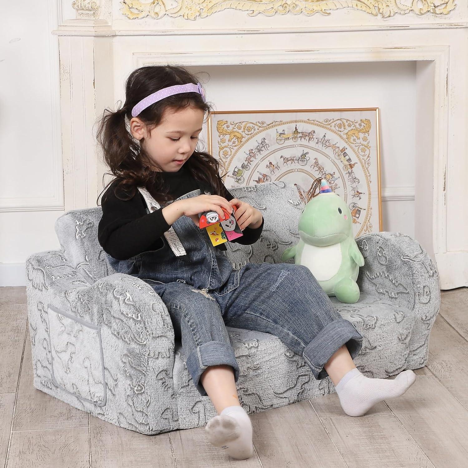 Kids Extra Wide Glow in The Dark Chairs for Toddler, 2-in-1 Toddler Soft Sherpa Couch Fold Out, Convertible Sofa to Lounger for Girls and Boys, Dark Grey