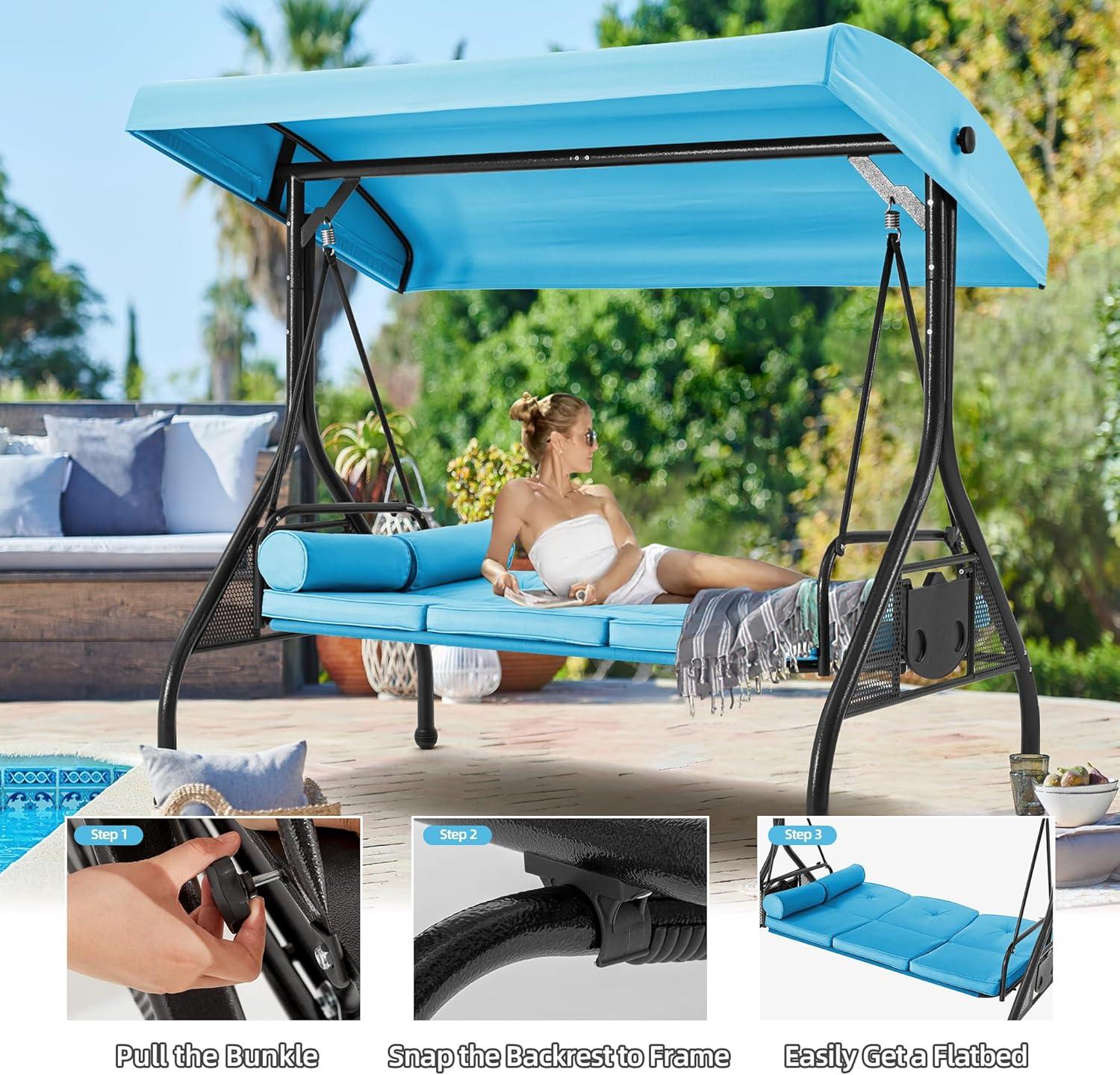 Kadyn Patio Swing Chair, Outdoor Swing Bench,3 Seat Outdoor Porch Swing with Adjustable Canopy-Blue