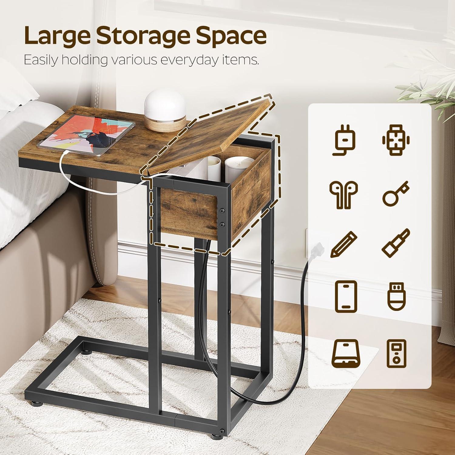 End Table with Charging Station, Flip Top Side Table with USB Ports and Outlets, C Table Sofa Table with Storage Shelf for Living Room, Bedroom, Brown