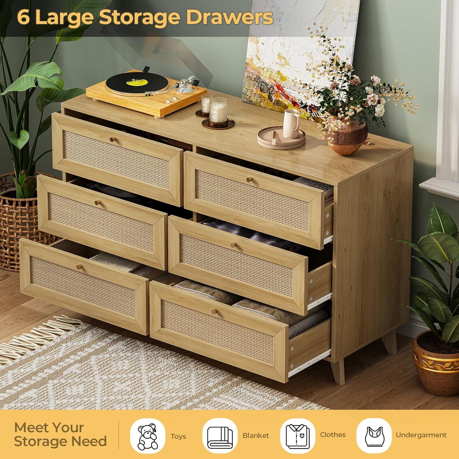 Natural Rattan and Wood Double Dresser with Six Drawers