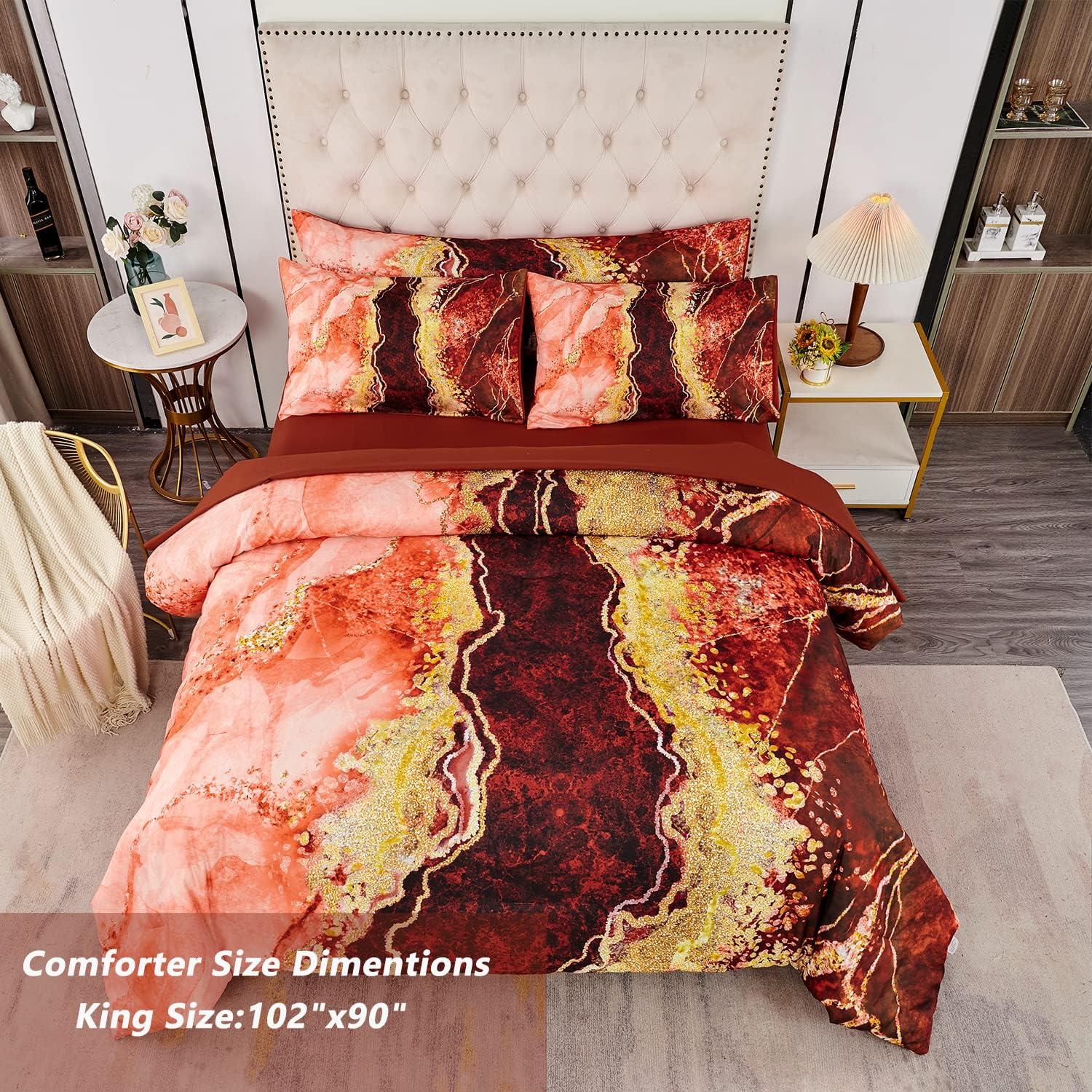 DANTUL 6 Pcs Orange Marble Printed Comforter With Sheet Sets Aesthetic Artwork Design Watercolor Bed In A Bag For All Season(Orange, King)