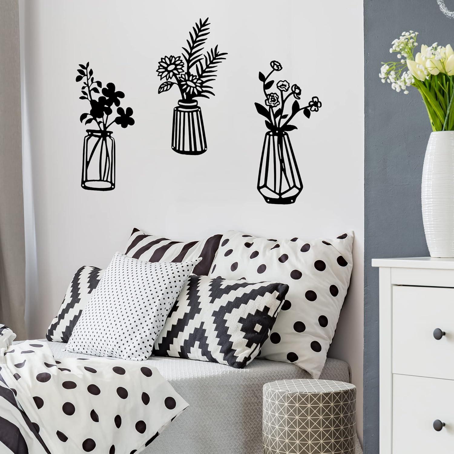 3 Pieces Black Metal Flowers Wall Decor Vase Art Sculptures Hanging for Indoor Kitchen Bathroom Dining Room Patio, 14.56x7.48 Inches