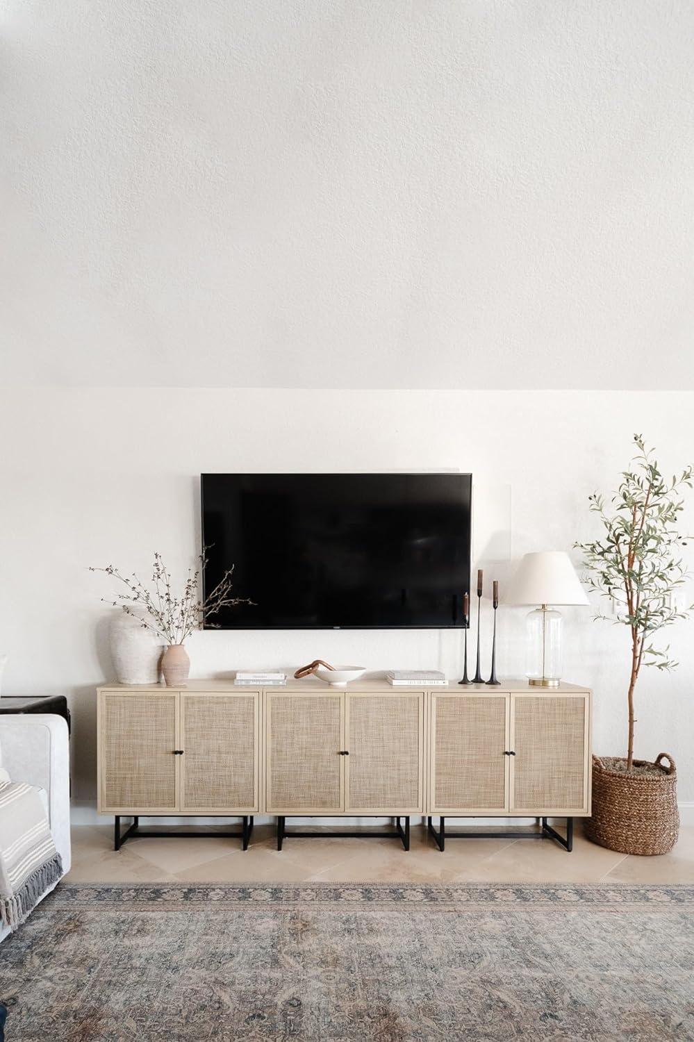 Light Oak and Cane Freestanding Storage Cabinet with Adjustable Shelves