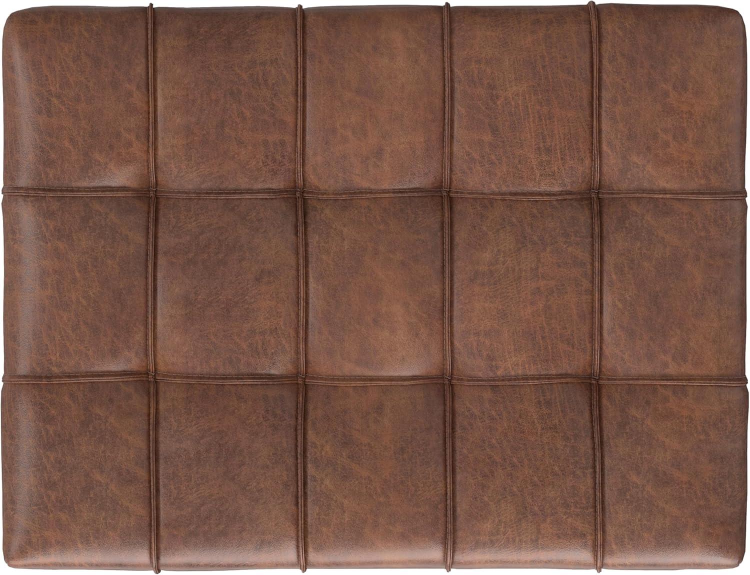 Simpli Home Mariah 34 inch Wide Contemporary Rectangle Coffee Table Storage Ottoman in Distressed Saddle Brown Vegan Faux Leather