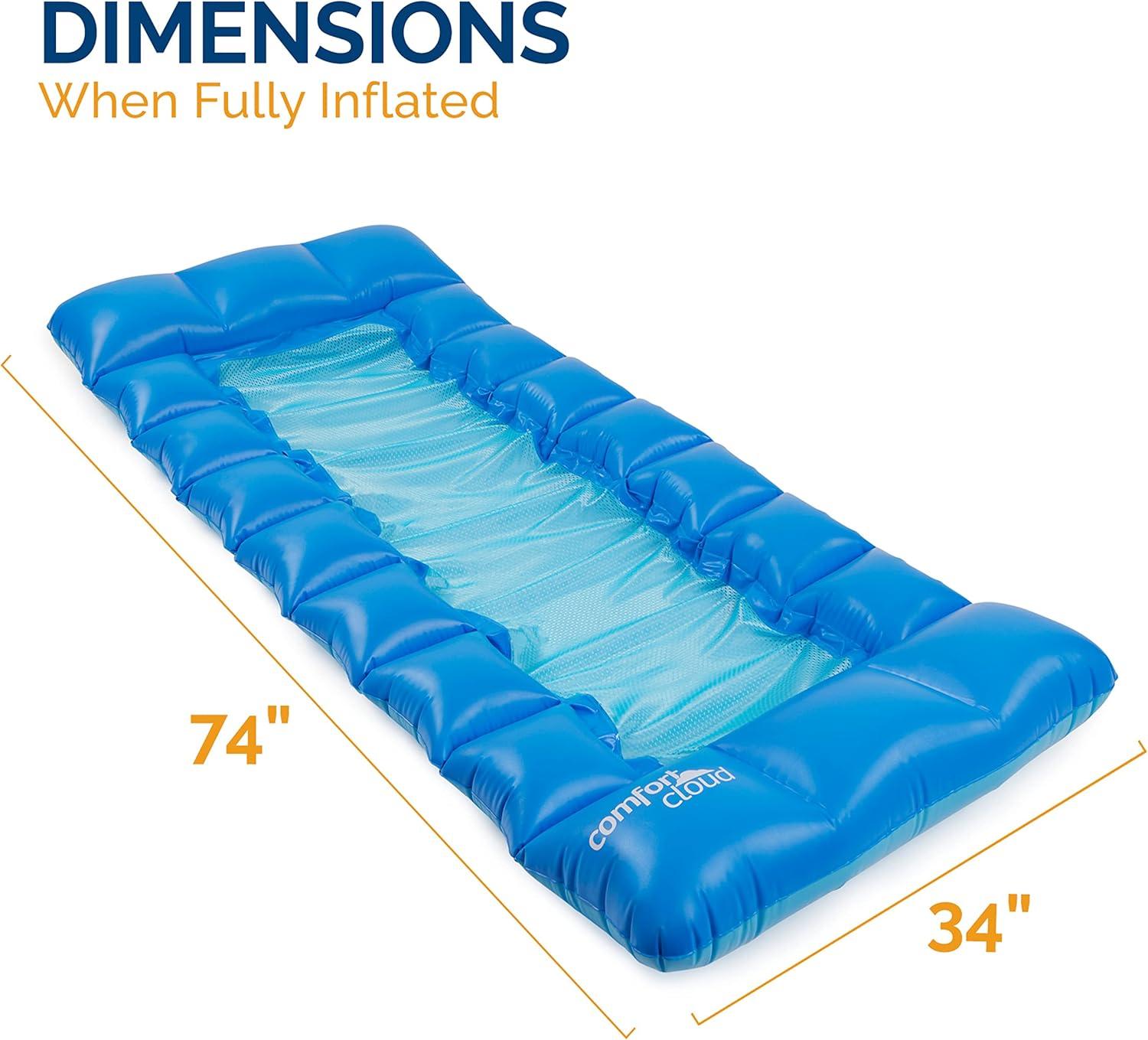 Blue Inflatable Pool Lounger with Headrest and Mesh Bed