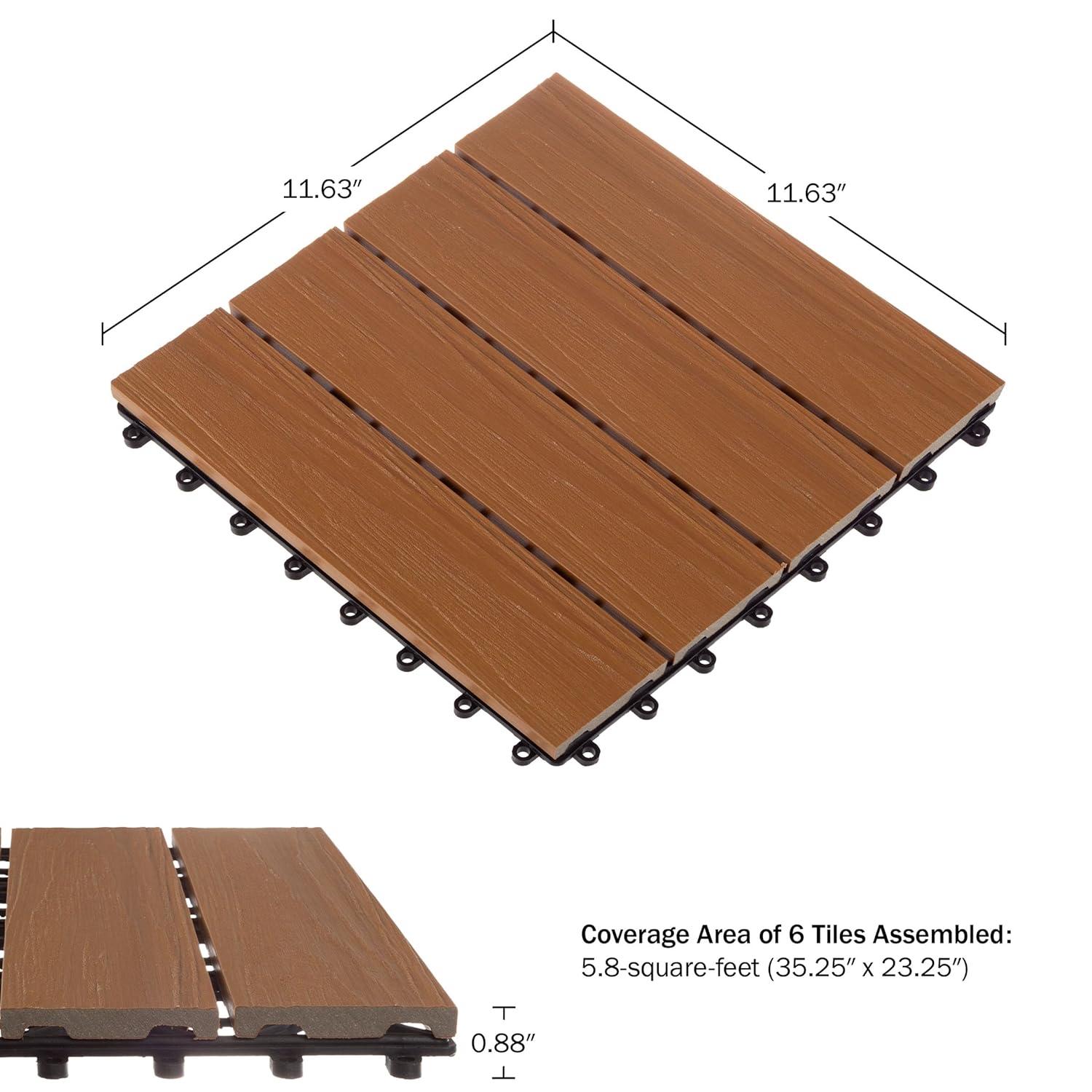 Deck Tiles - 6-Pack Wood Plastic Composite Interlocking Patio Tiles - 5.8SQFT Outdoor Flooring for Balcony, Porch, and Garage by Pure Garden