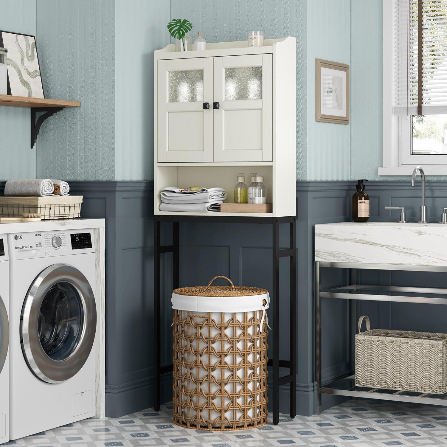 Cream White Over-Toilet Cabinet with Adjustable Shelving and Black Iron Legs