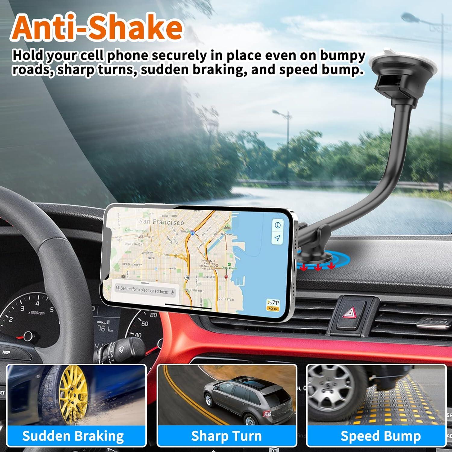 Magnetic Car Truck Phone Mount with 13-Inch Gooseneck Extension Arm, Universal Windshield Dashboard Industrial-Strength Suction Cup Mobile Vehicle Holder for All Cell Phones iPhone by 1Zero