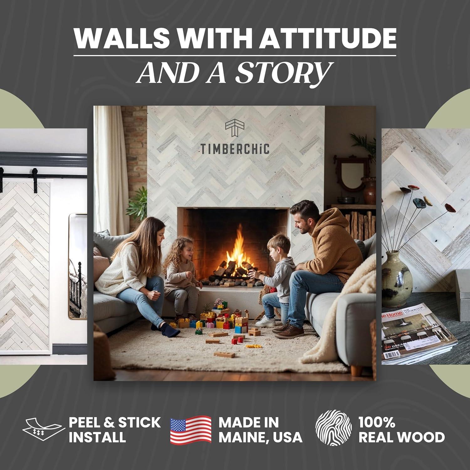 Timberchic River Reclaimed Wooden Wall planks - Simple Peel & Stick Wall Covering Application for DIY Accent Wall & Home Improvement - Premium Wall Paneling - Herringbone Pattern