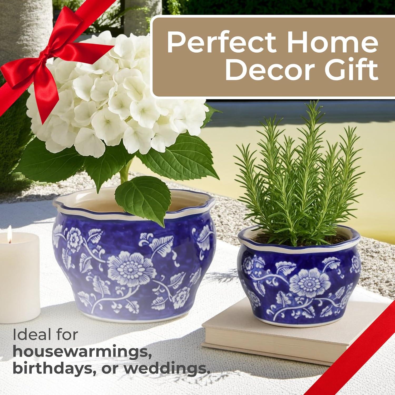 Sagebrook Home 2pc Chinoisere Ceramic Indoor Outdoor Planter Pots Blue/White: Hand-Painted, Rust-Resistant, No Assembly Required