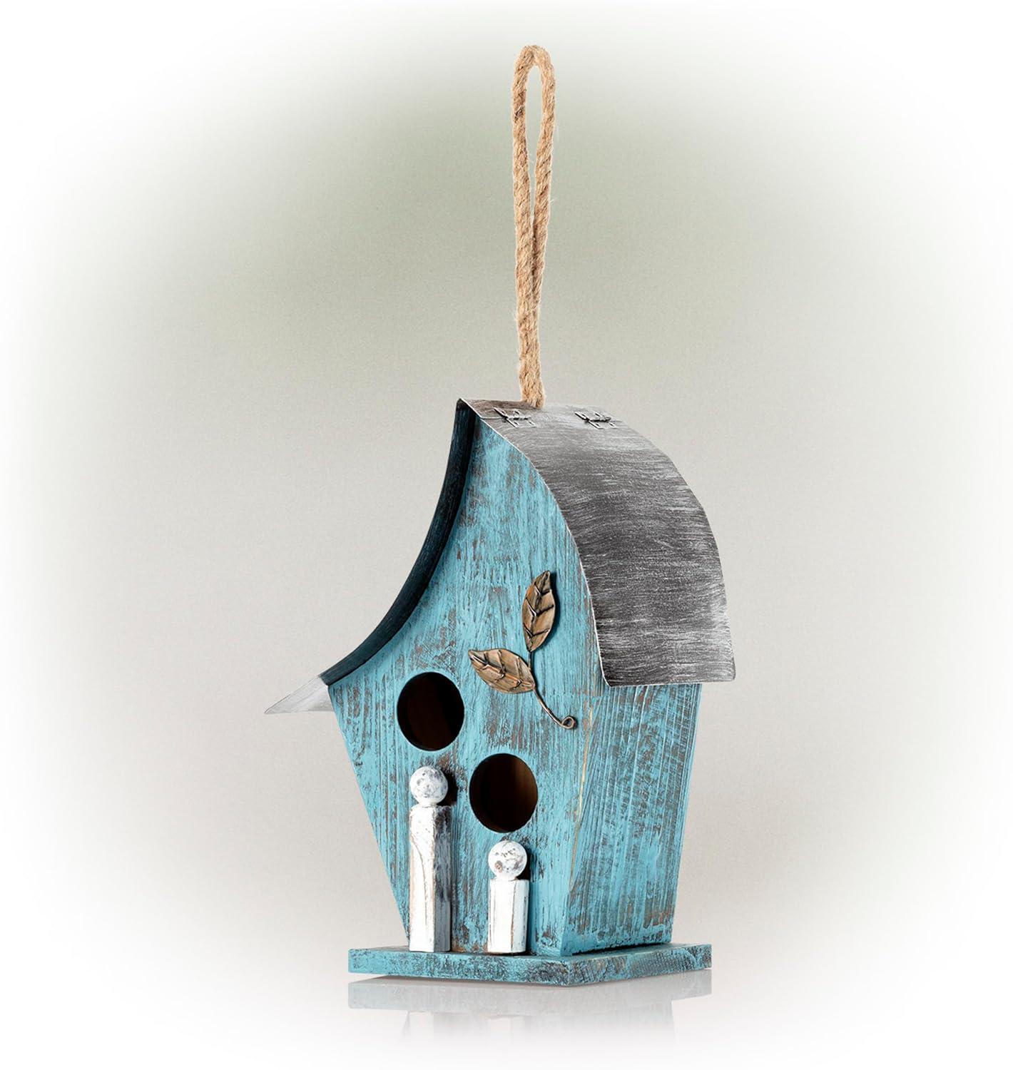 21" Tall Blue Distressed Wood and Metal Hanging Birdhouse