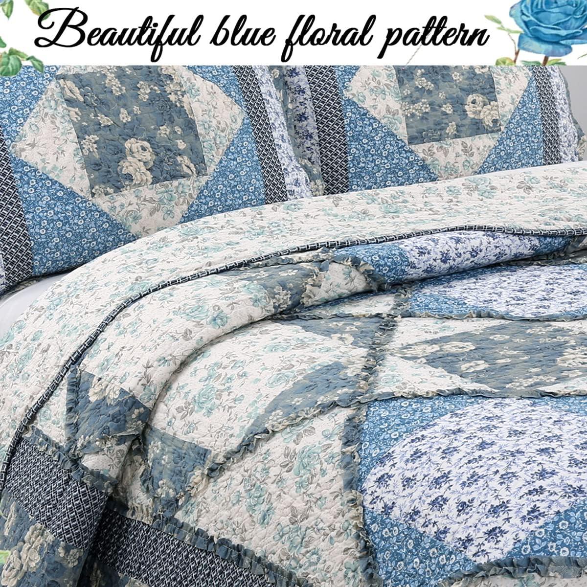 King Blue Cotton Reversible Patchwork Quilt Set