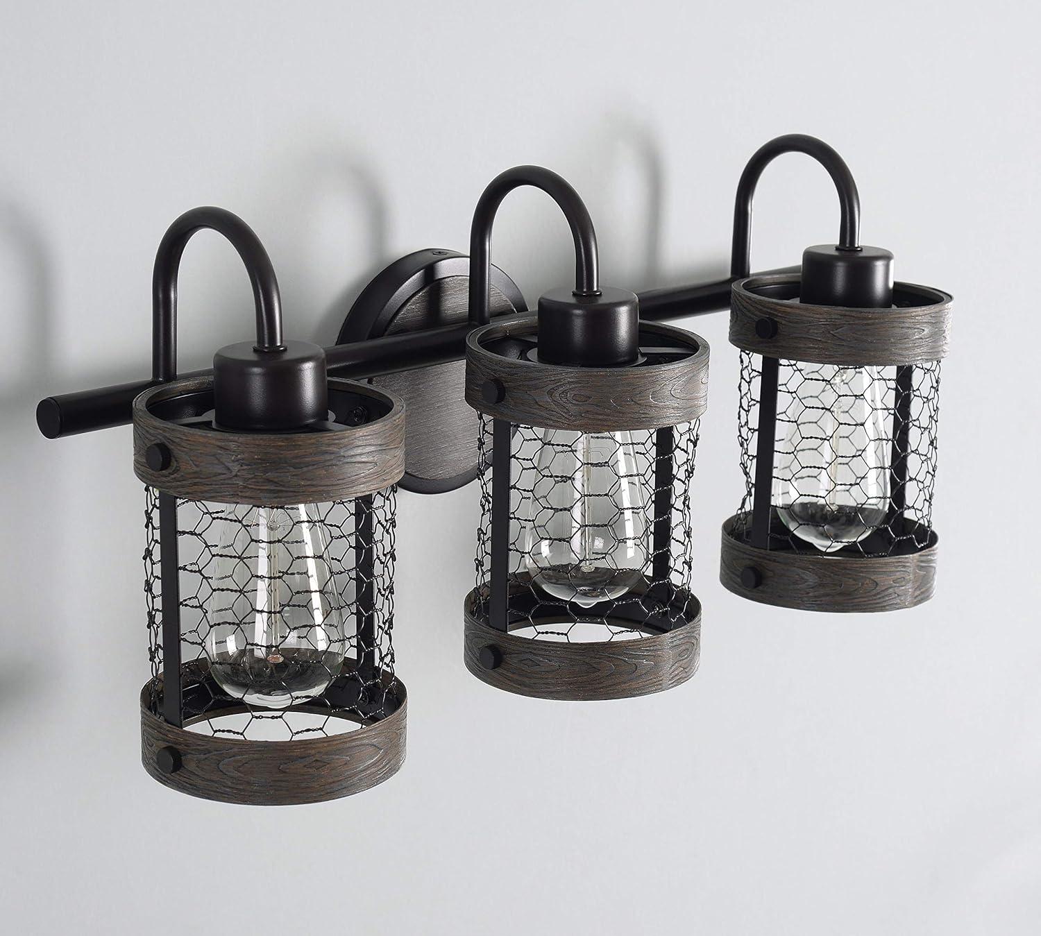 Co-t Kenroy Home Industrial Farmhouse 3-Light Bath Vanity Fixture With Chicken Wire Mesh Shades & Distressed Wood Accents