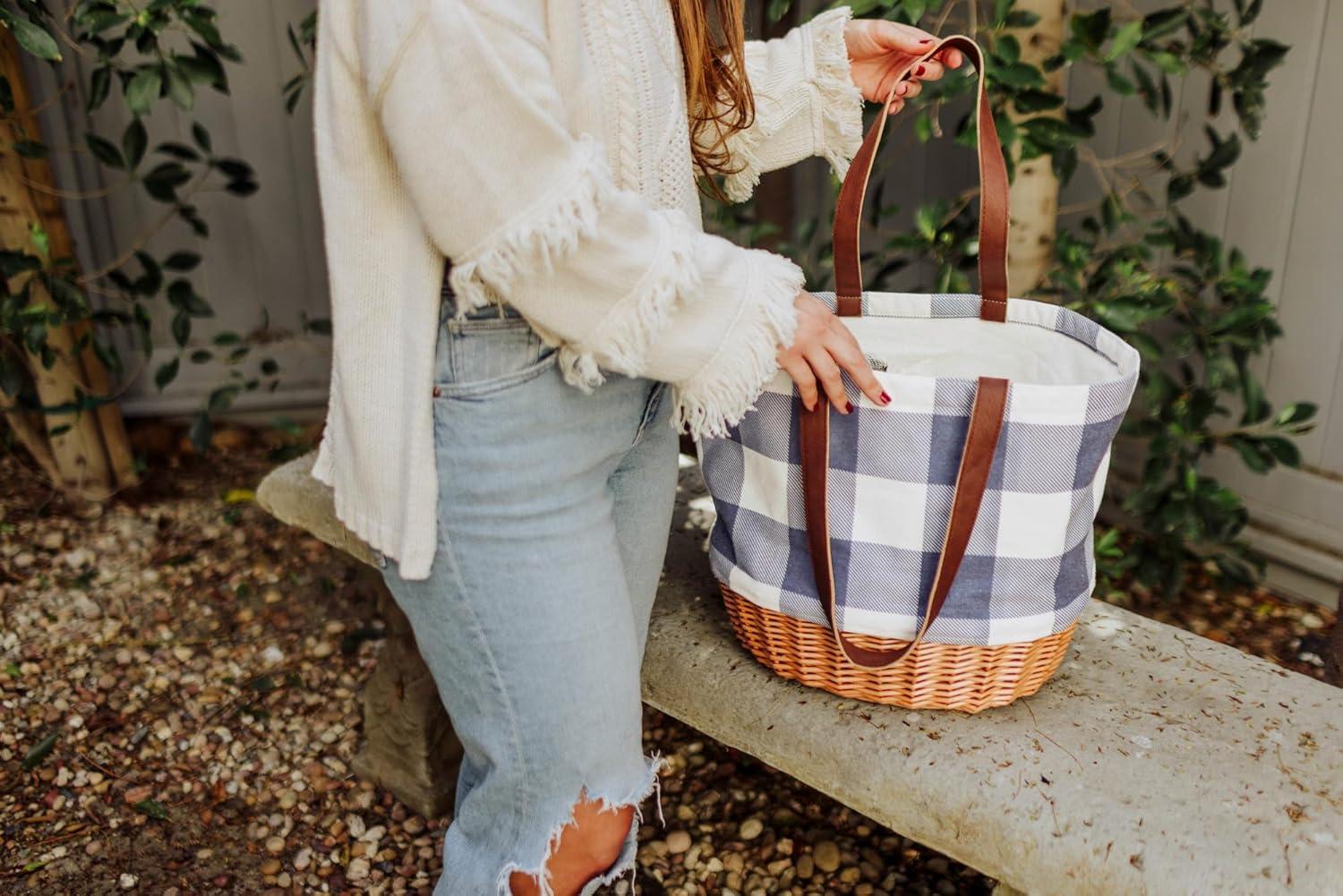 Picnic Time Coronado Canvas and Willow Basket Tote with Blue, White, and Beige Accents