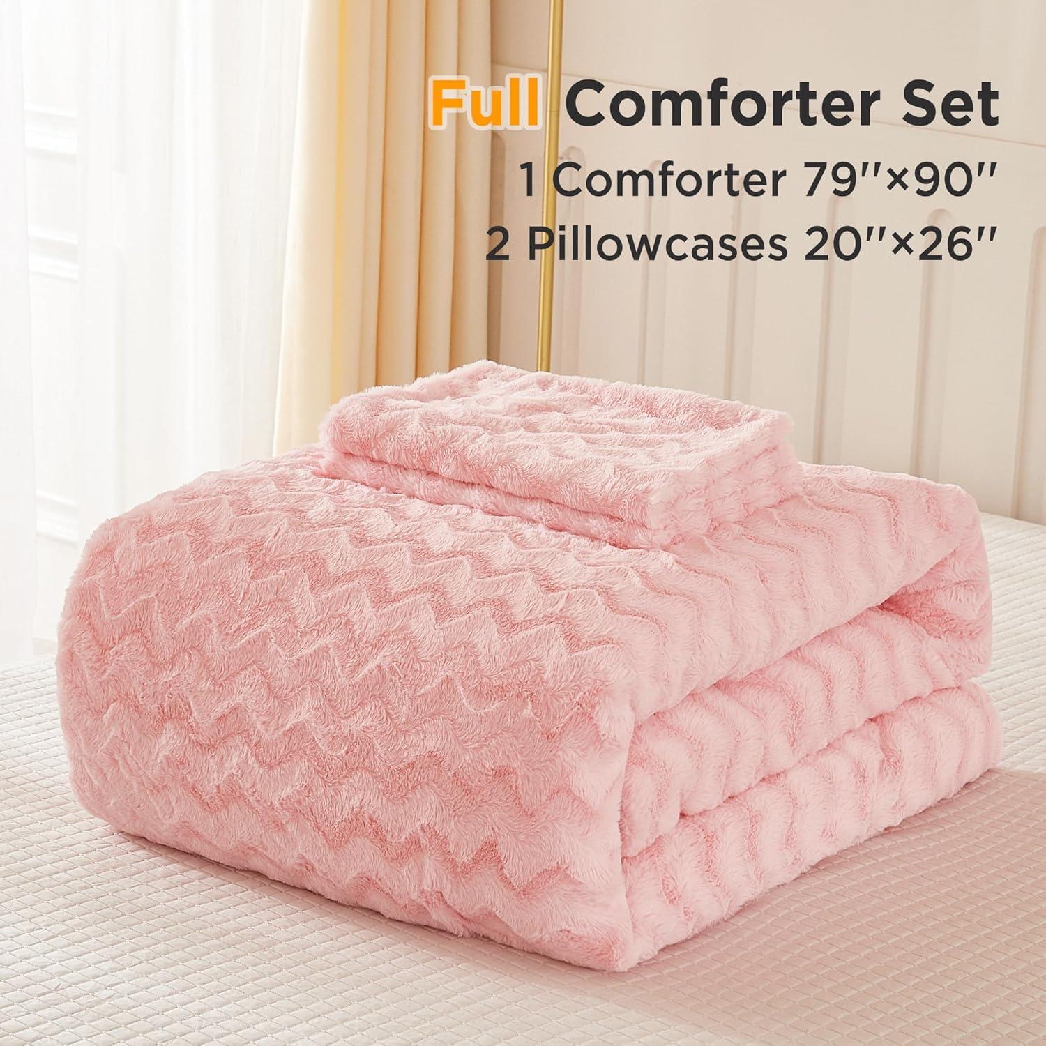 Andency Pink Faux Fur Comforter Set Full, 3 Pieces Fleece Fuzzy Shaggy Plush Sherpa Bedding Set for Women Girls, Fluffy Soft Warm Bed Set for Winter
