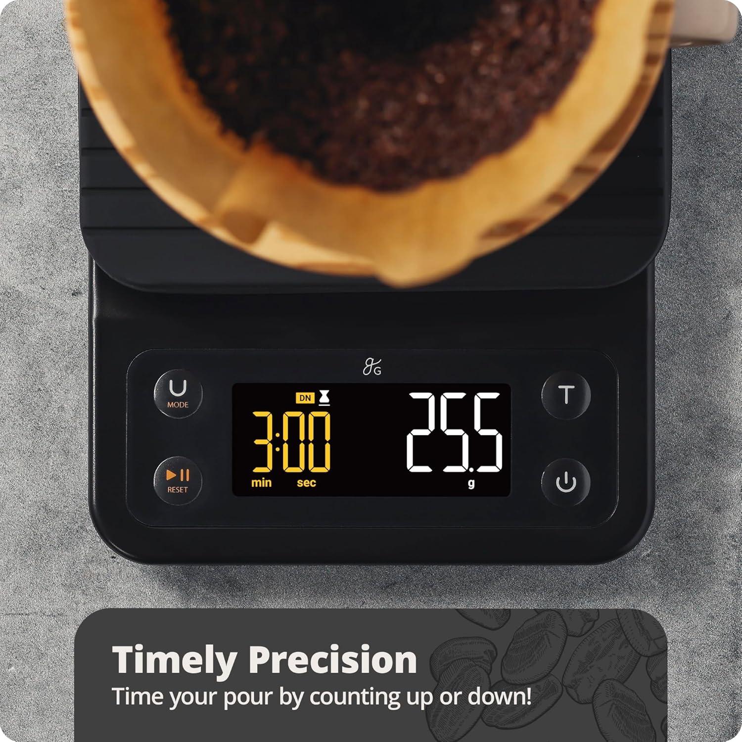 Greater Goods Silicone Coffee Scale for Pour-Over Maker, Timer for Great French Press (Onyx Black)