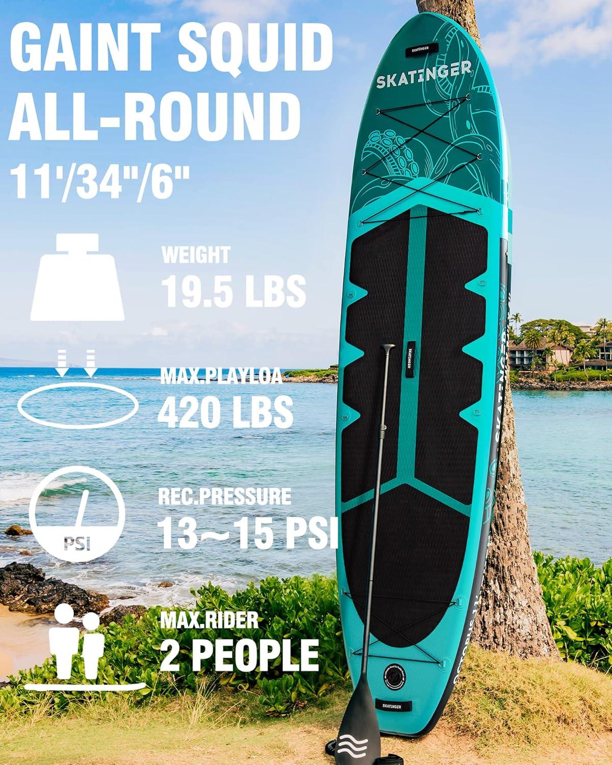 11'x34'' Extra Wide Inflatable Paddle Board, Up to 420lbs Stand-up Paddle Boards for Adults, Stable SUP for 2 People/Family, 3-PCS Paddle, Shoulder Strap, US Fin