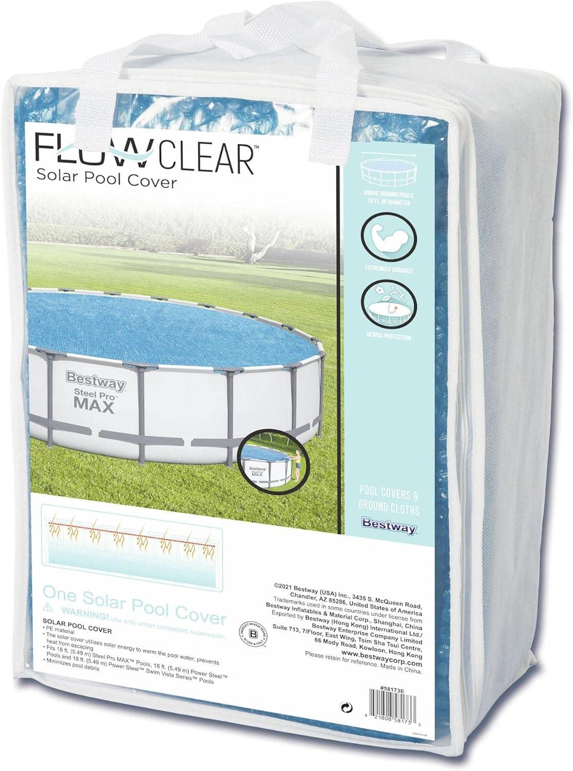 Bestway Flowclear 18 Foot Round Solar Heat Secure Pool Cover for Above Ground Swimming Pools with Storage Bag, Blue (Cover Only)