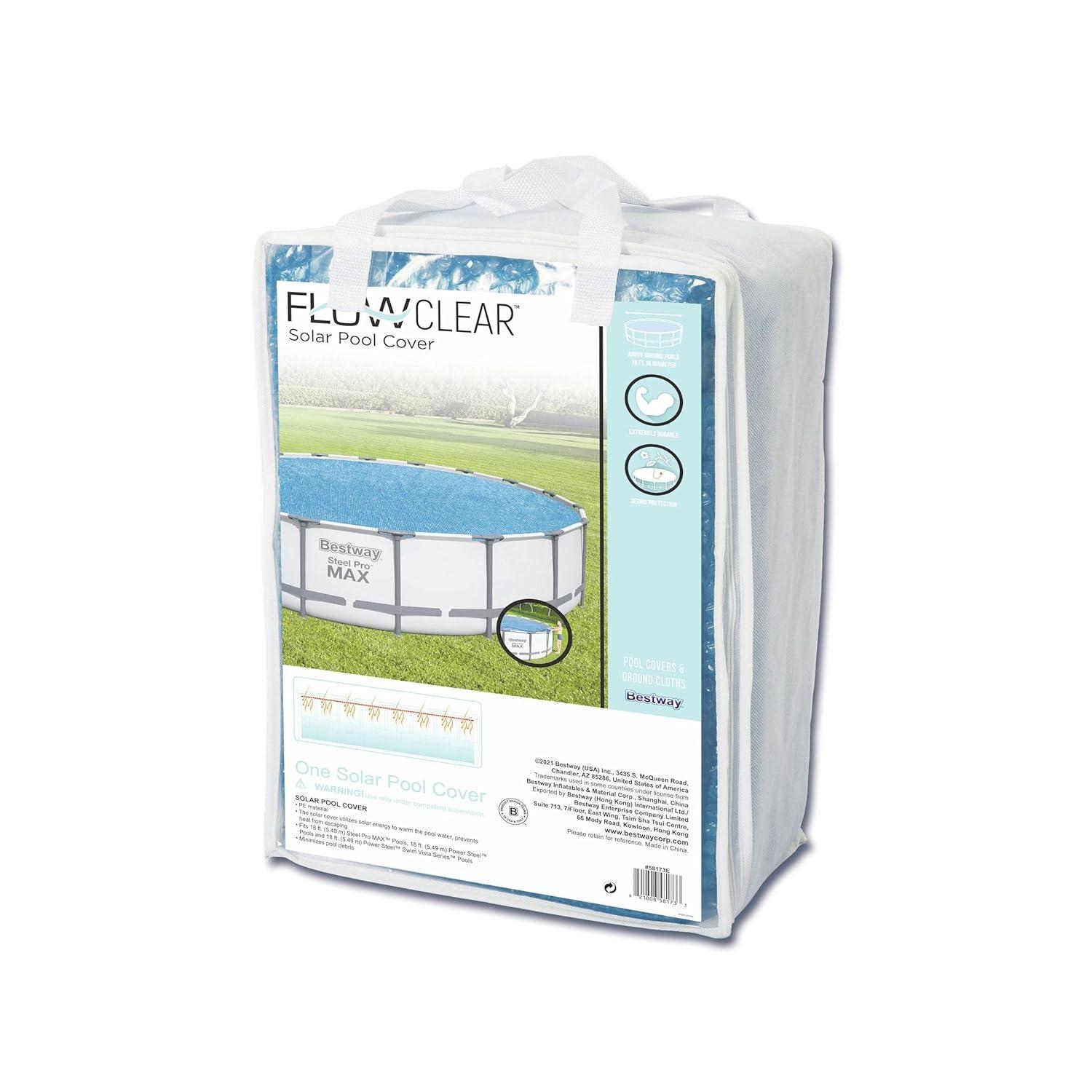 Bestway Flowclear 18 Foot Round Solar Heat Secure Pool Cover for Above Ground Swimming Pools with Storage Bag, Blue (Cover Only)