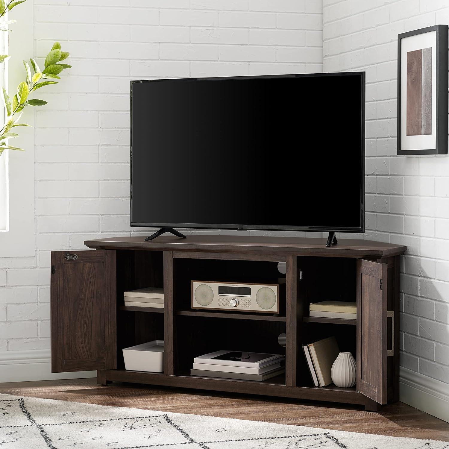 Rustic Dark Walnut Corner TV Stand with Cabinets