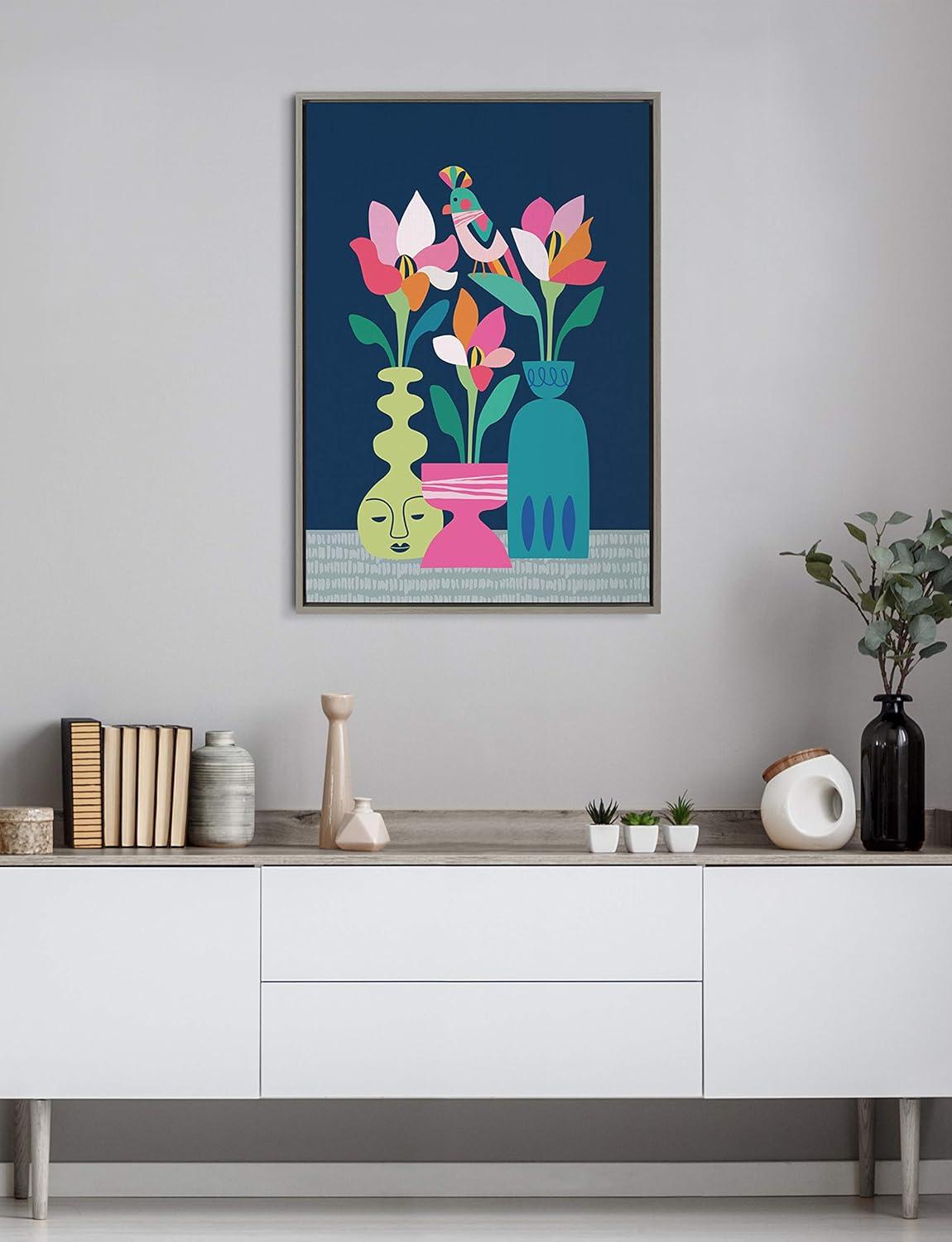 Kate and Laurel Sylvie Mid Century Modern Magnolias Framed Canvas by Rachel Lee of My Dream Wall, 23x33, Gray