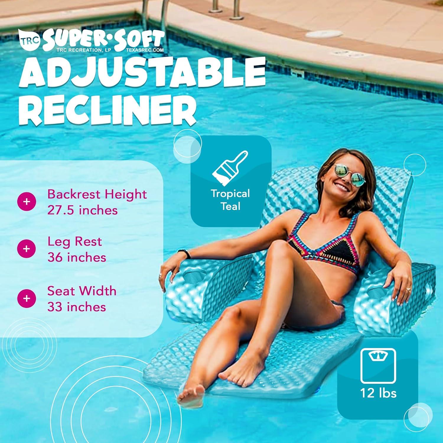 TRC Recreation Super Soft Adjustable Pool Recliner Float Portable Comfortable Chair Lounger with Cup Holders for Swimming Pool Essentials, Teal