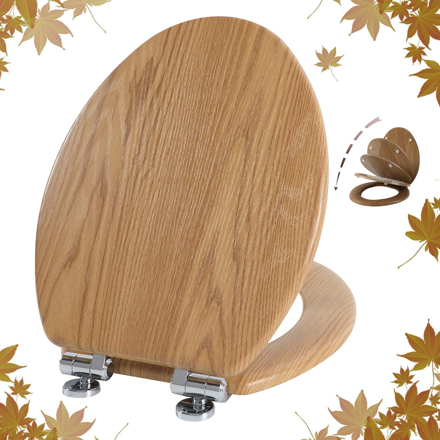 Round Natural Wood Toilet Seat with Slow Close Hinges