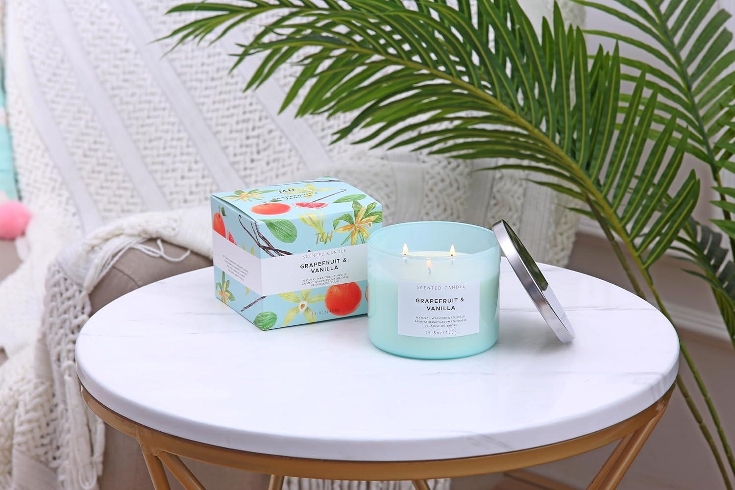 Grapefruit Vanilla Aromatherapy Candle 3 Wick Large Soy Scented Candles for Men and Women 15.8 Oz