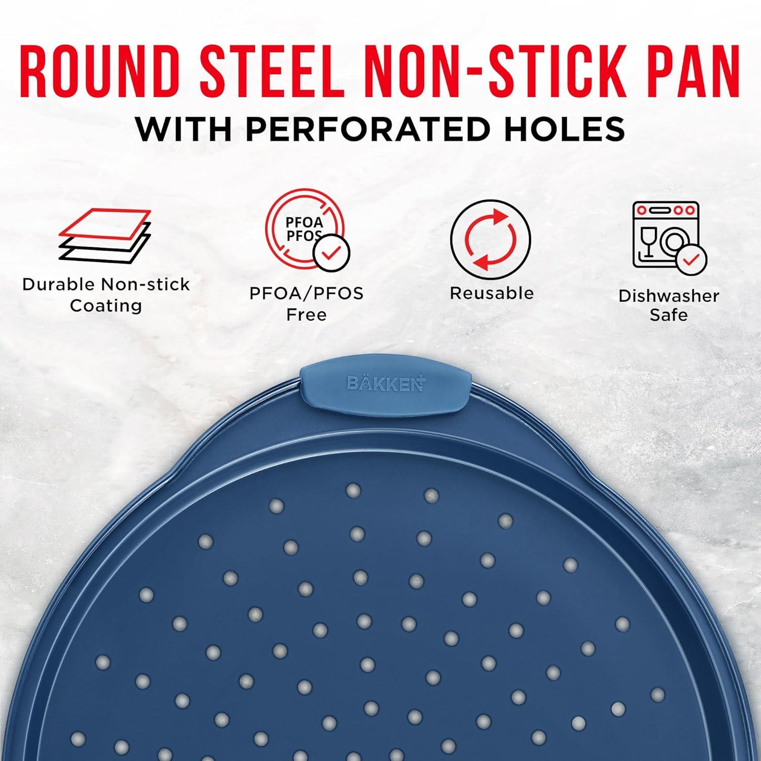 Bakken Pizza Baking Pan - Round Perforated Carbon Steel Pan with Non-Stick Marble Coating, Oversized Silicone Handle, Dishwasher Safe, High-Temperature Resistant, Durable & Easy Cleanup Blue, 1 Pack