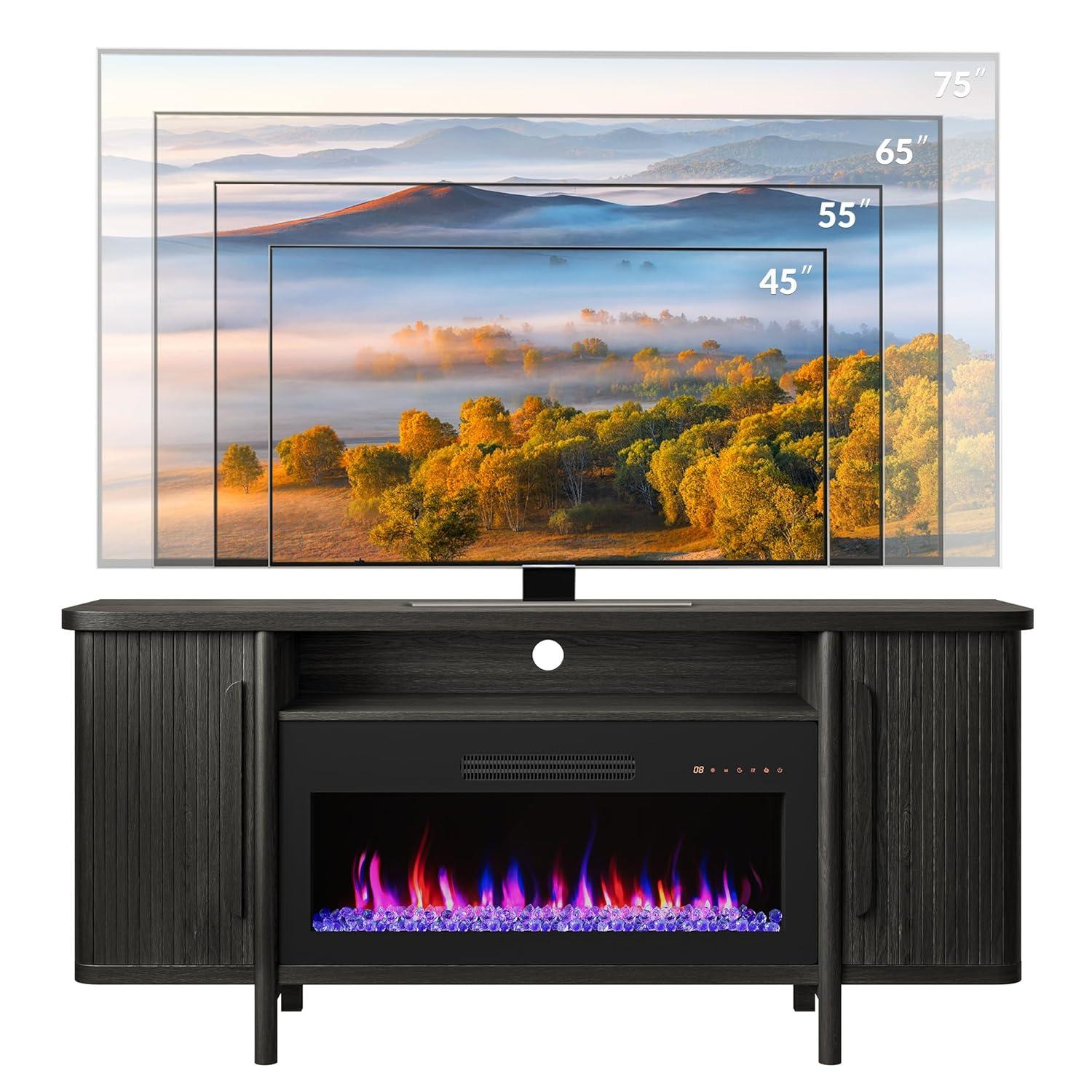 BELLEZE Durable Adjustable Shelves Television Stands, Wood Black, 66.00 x 15.40 x 30.20 Inches