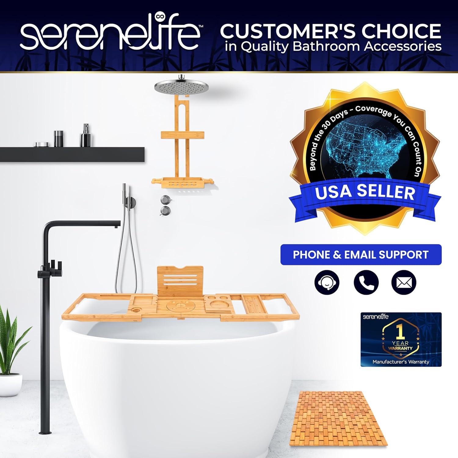 SereneLife Bamboo Bath and Shower Mat, Non-Slip Floor Mat with Extra Grips, Slatted Design, Natural Finish for Bathroom, Spa, Sauna - Rollable and Easy to Clean