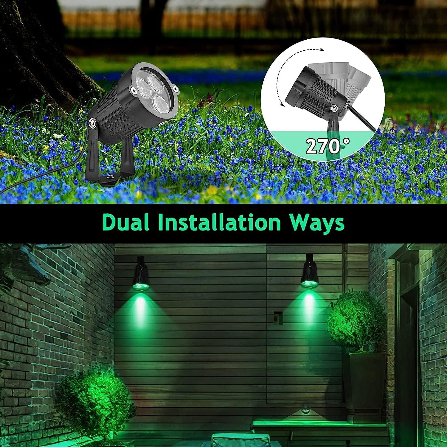 OurLeeme 3 * 3W OIF8 LED Lawn Garden Flood Light US Plug Yard Patio Path Spotlight Lamp with Spike Waterproof Green Light AC 85-265V