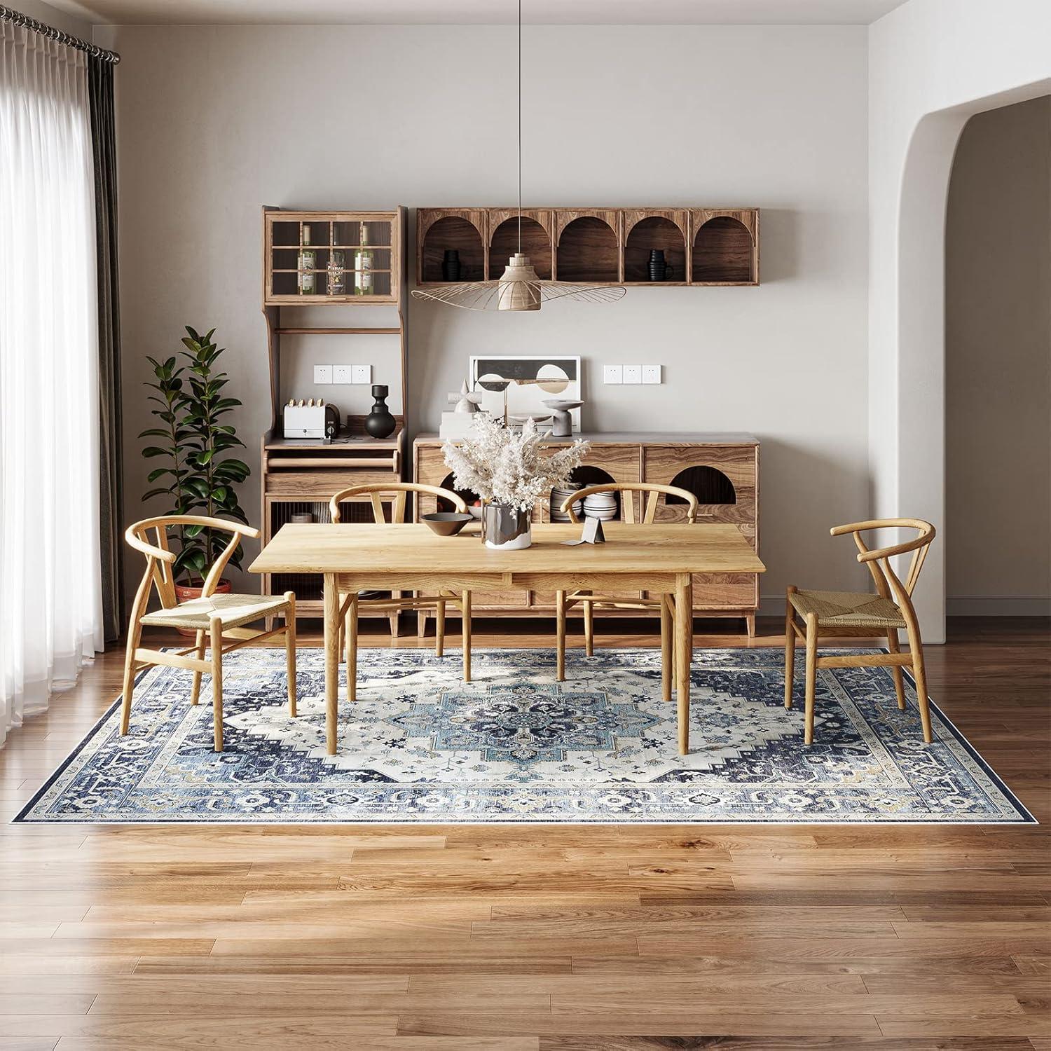 Garvee 9x12 Large Area Rug Washable Rug Vintage Floral Printed Carpet Boho Chenille Floor Cover Non-Slip Soft Foldable Thin Rug Home Decor, Blue/Beige