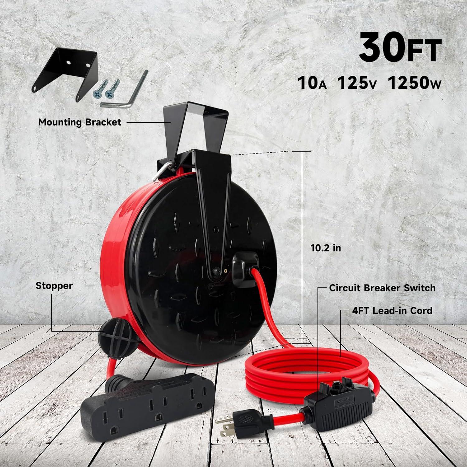 EP 30 Ft Retractable Extension Cord Reel, 16/3 SJTW Power Cord with 3 Electrical Outlets, Ceiling or Wall Mount, 10 Amp Circuit Breaker, Metal Plate, UL Listed, Red