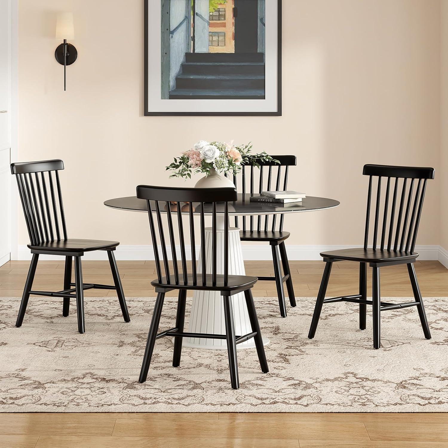 Dining Chairs Set Of 4, Mid Century Modern Chair For Table, Windsor Wood Chair Spindle Back Solid Wooden Kitchen & Dining Room Chairs, Farmhouse Dining Chair For Living Room Restaurant