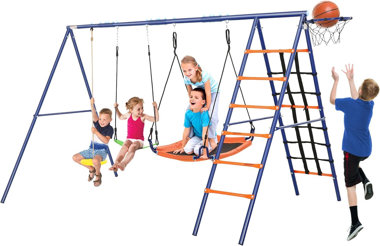 Heavy Duty Blue and Orange Metal Swing Set with Climbing Net