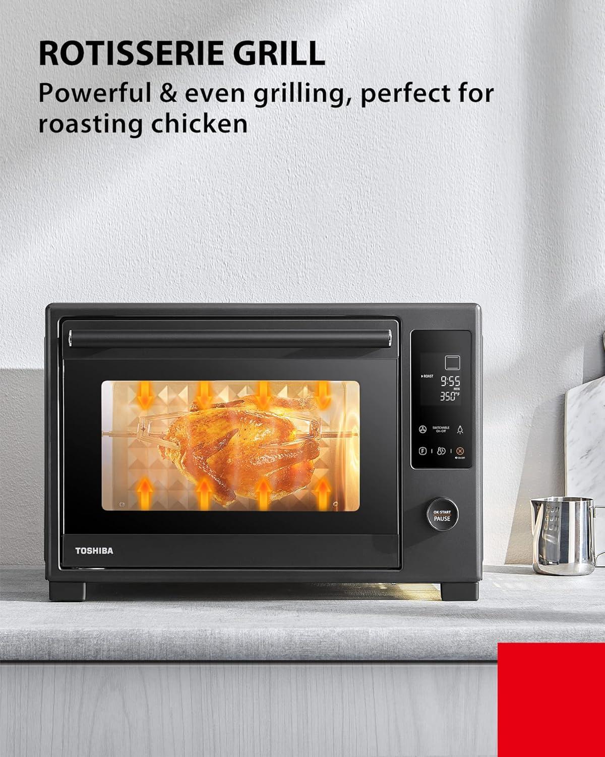 TOSHIBA Hot Convection Toaster Oven, Extra Large 34QT/32L, 9-in-1 Cooking Functions, Crispy Roast, Dehydrate, Rotisserie, 6 Accessories Included, 1650W, Black Stainless Steel
