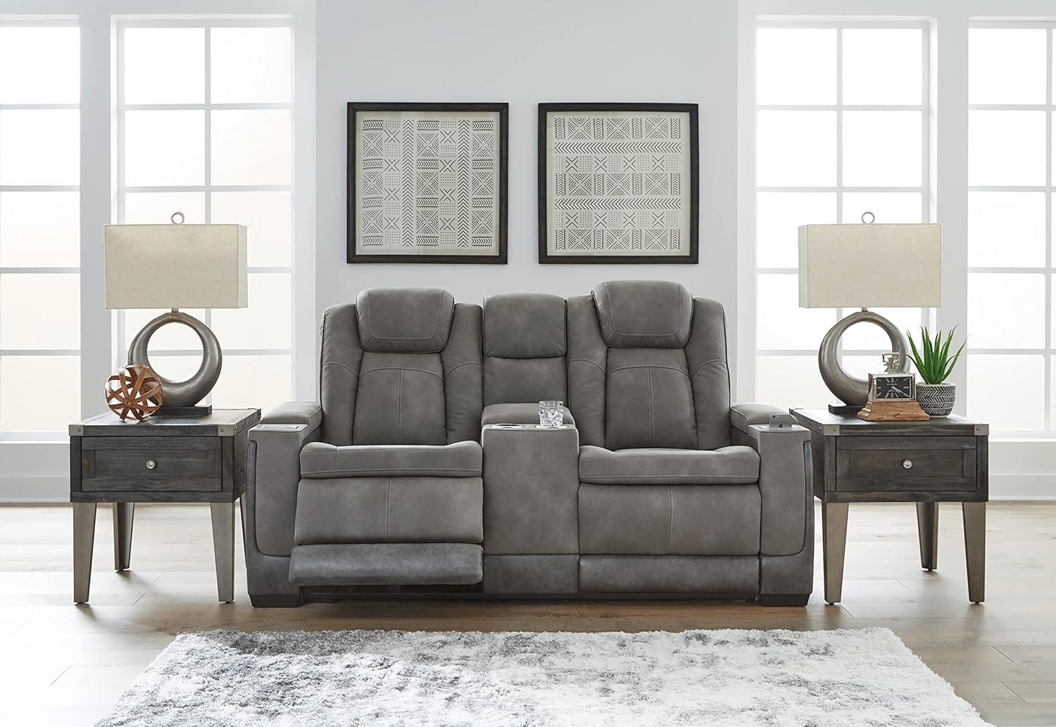 Gray Faux Leather Power Reclining Loveseat with Storage and Cup Holder