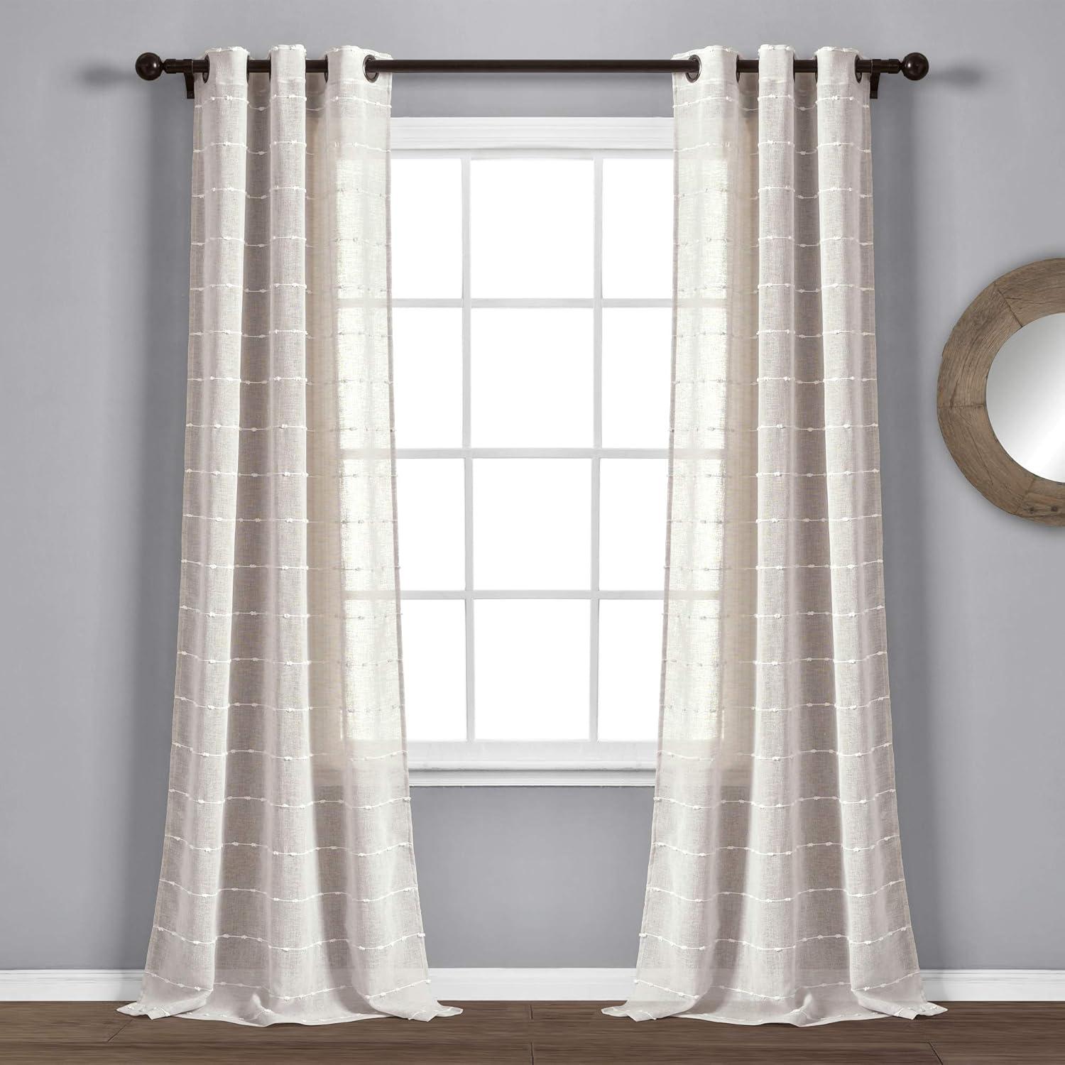 Set of 2 (95"x38") Farmhouse Textured Grommet Sheer Window Curtain Panels Beige - Lush Décor: Polyester Microfiber