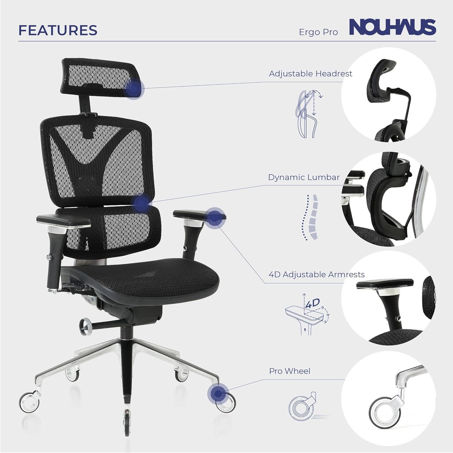 Nouhaus Inc Nouhaus Ergonomic Office Chair Lumbar Support Aluminum Alloy Backrest, Big and Tall Mesh Computer Desk Chair with Adjustable Headrest, 4D Armrest and Premium Wheels