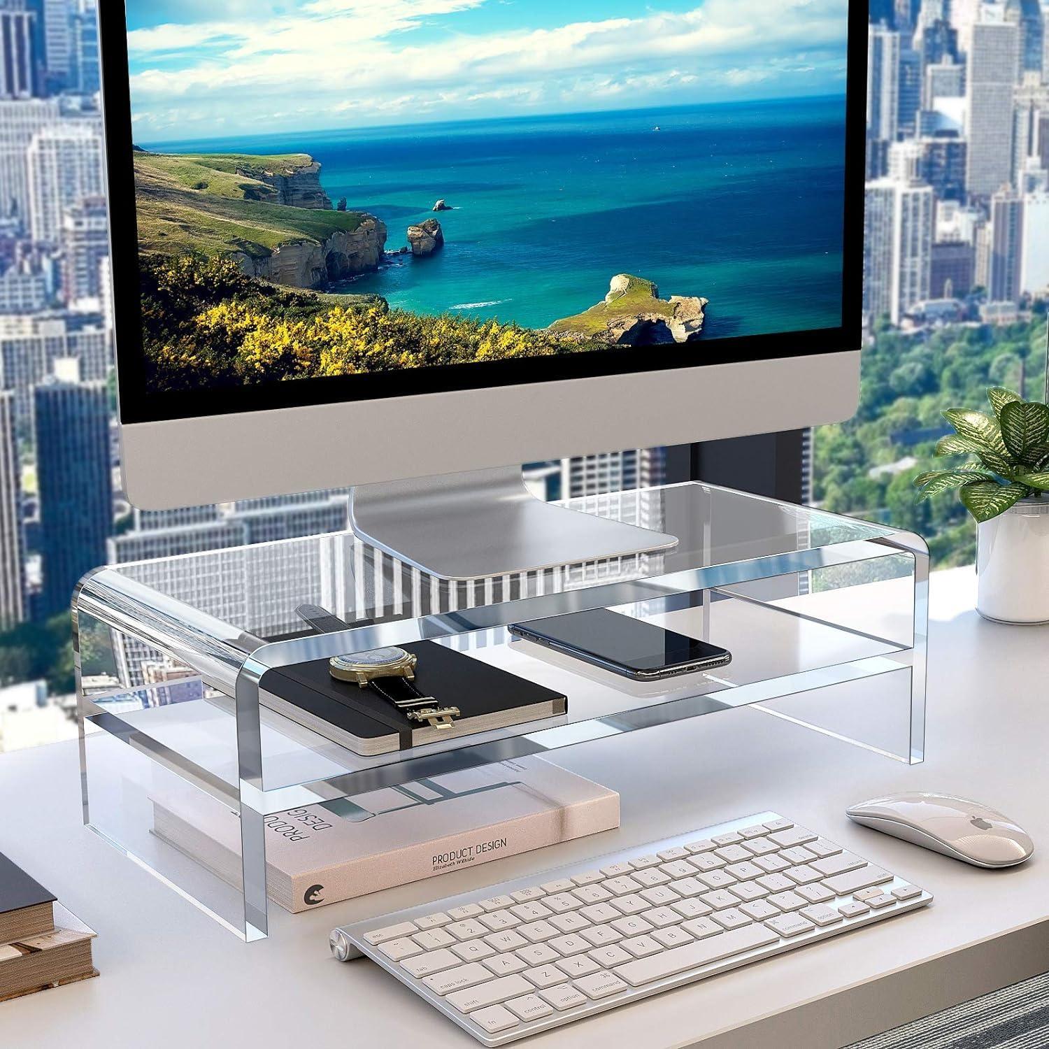 Clear Acrylic 2-Tier Monitor Stand with Keyboard Storage