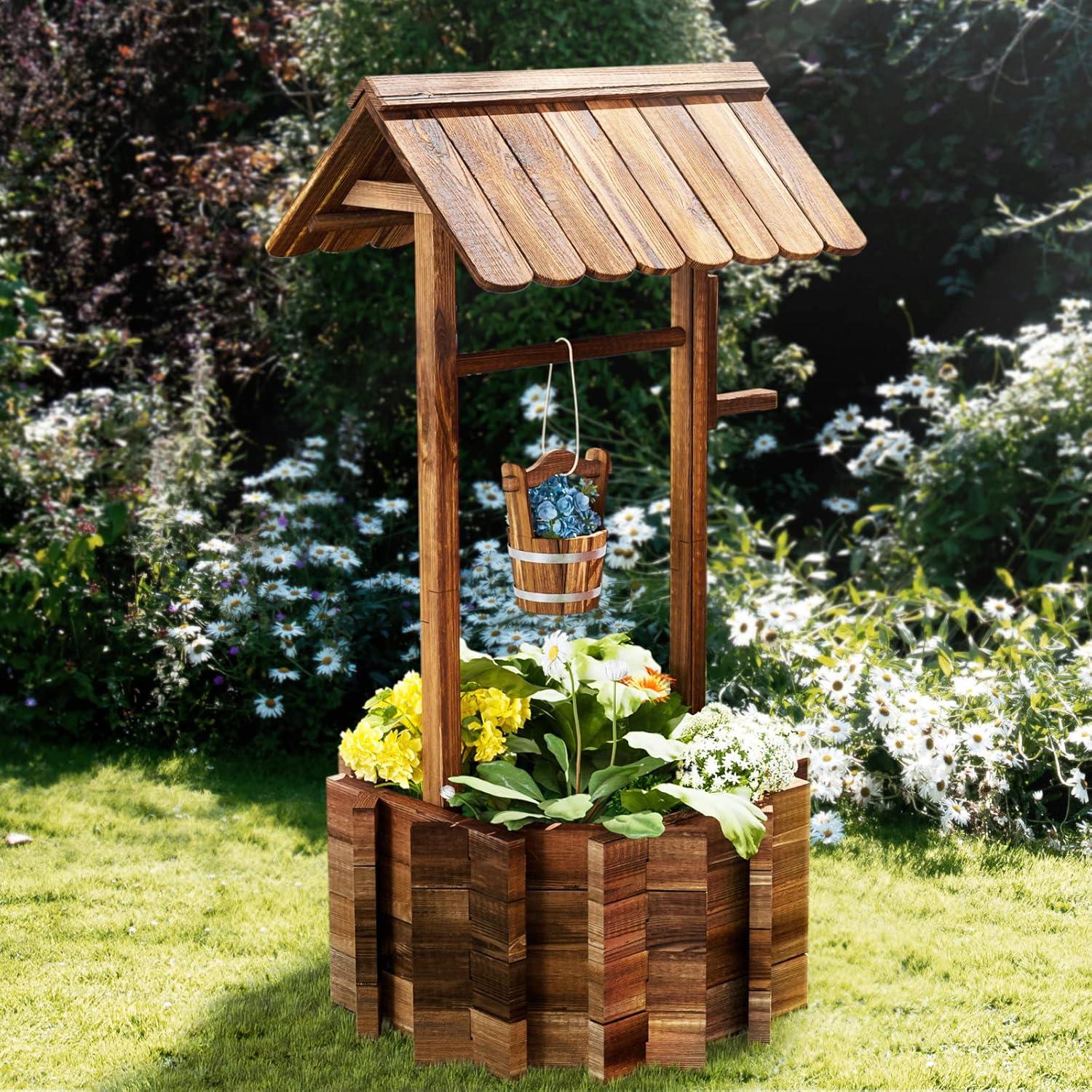 Rustic Brown Fir Wood Hanging Wishing Well Planter