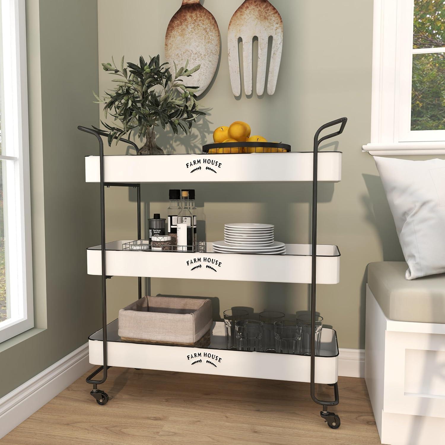 DecMode 32" x 35" White Metal Kitchen Rolling 3 Shelves Bar Cart with Black Accents and Farm House Design, 1-Piece