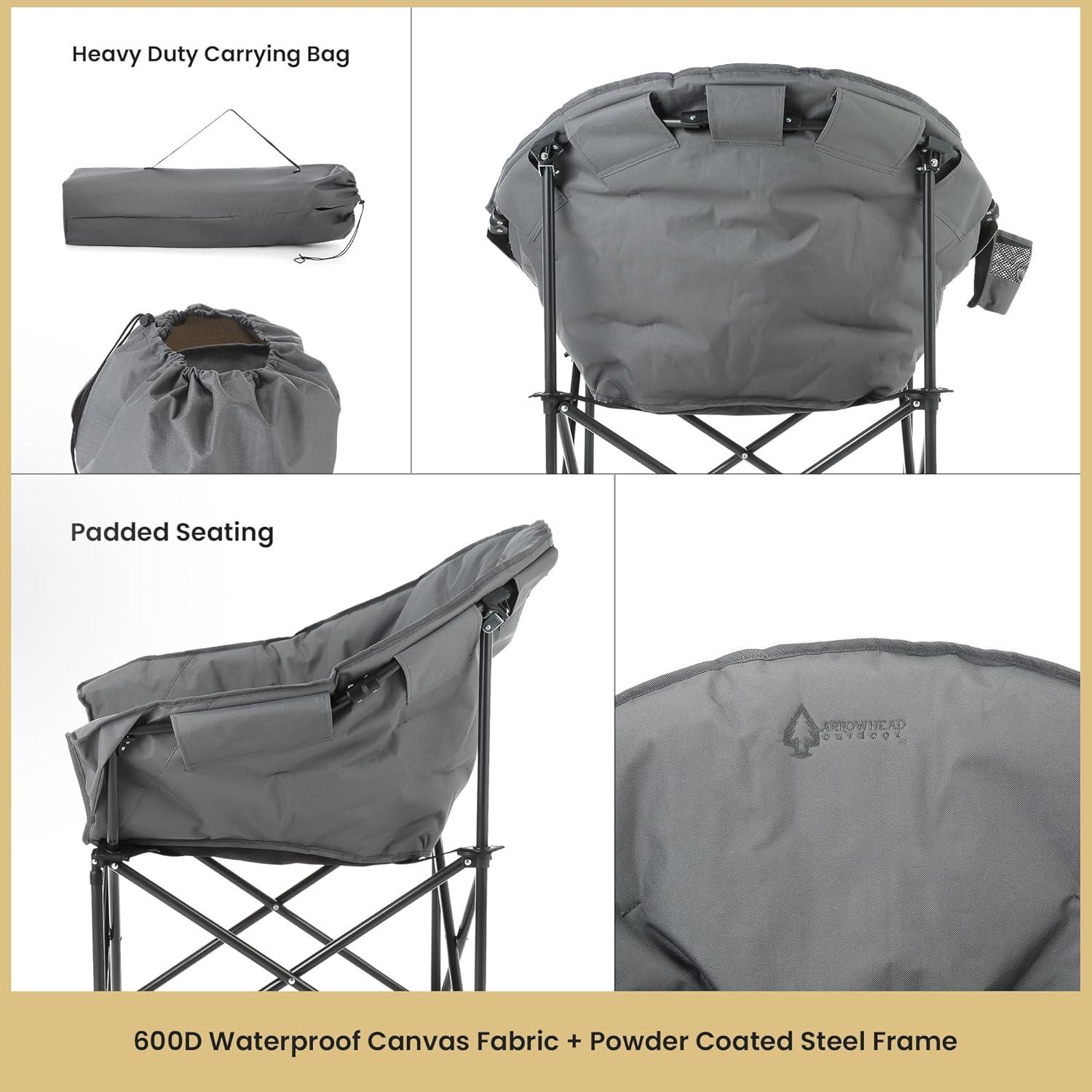 Arrowhead Outdoor Oversized Heavy-Duty Club Folding Camping Chair w/External Pocket, Cup Holder, Portable, Padded, Moon, Round, Bag (Granite Grey)