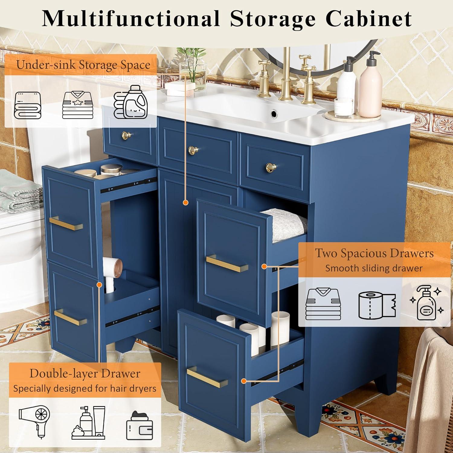Miekor Furniture 36" Bathroom Vanity Cabinet with Sink Top Combo Set, Navy Blue, Single Sink, Shaker Cabinet with Soft Closing Door and Drawer W5UE-1