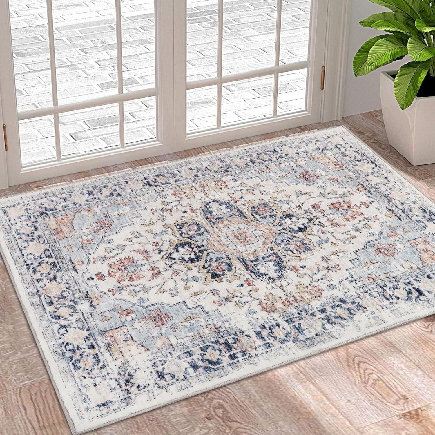 Hasoo 9' x 12' Modern Large Area Rug Stain Non-Shedding Low-Pile Distressed Area Rug Carpet for Living Room Bedroom, Light Blue