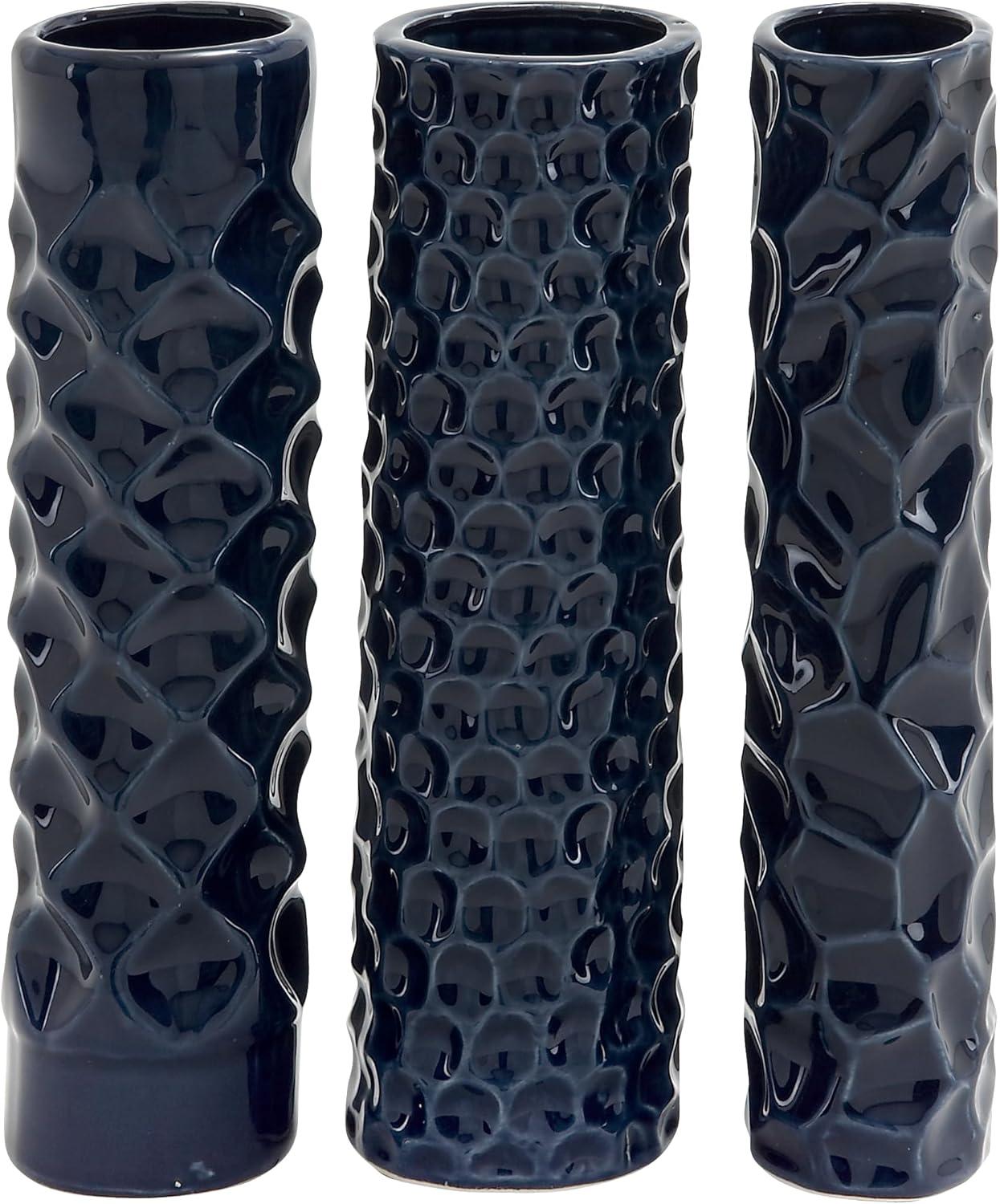 DecMode 3"W, 12"H Dark Blue Ceramic Vase with Varying Patterns, Set of 3