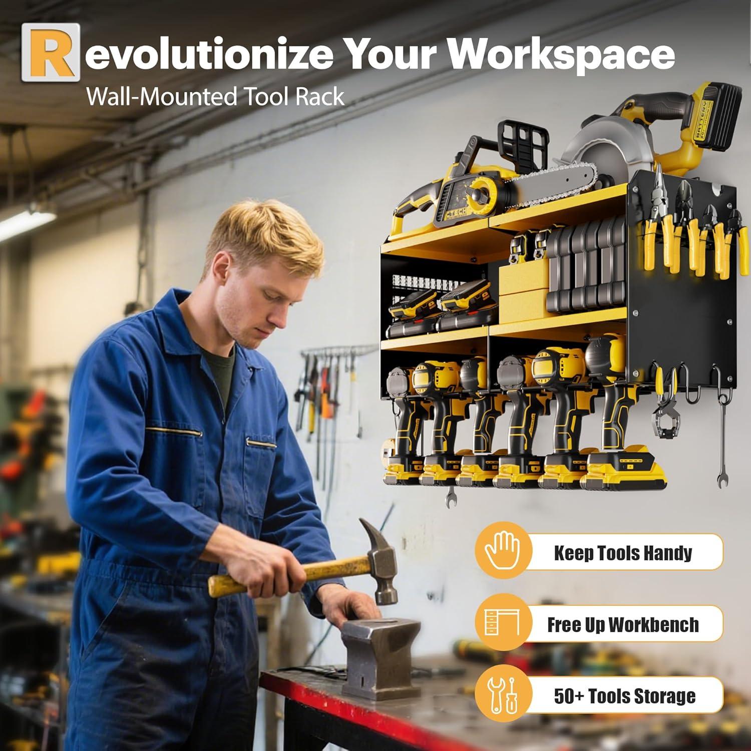 Spampur Power Tool Organizer Wall Mount with Charging Station, Garage Tool Shelf 6 Drill Holders, Tool Battery Holder with Plier holder Heavy Duty Rack, Tool Storage Rack with 4 Outlet Power Strip